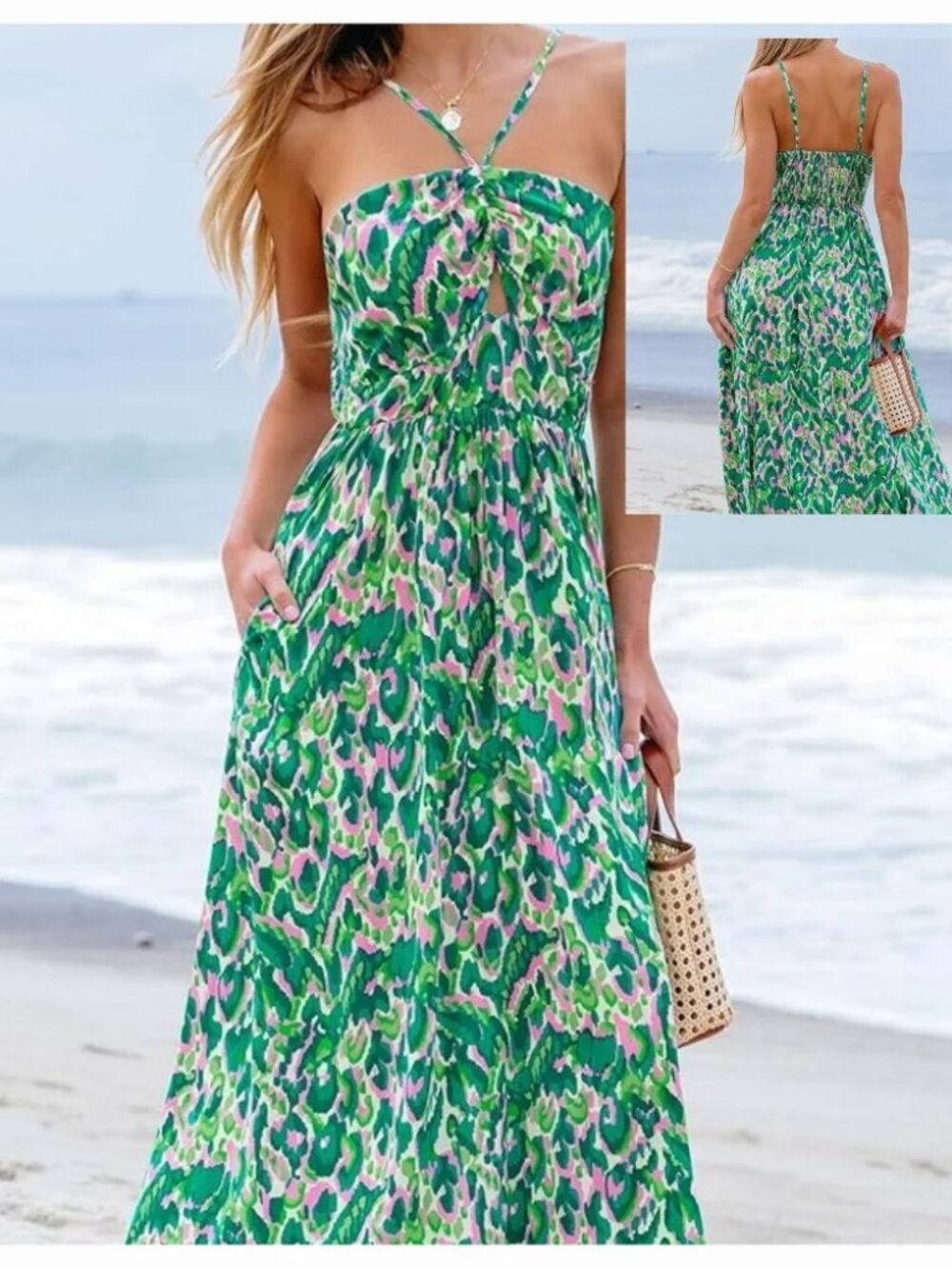 Cupshe Green Pink Abstract Beach Strappy Keyhole Summer Maxi Dress